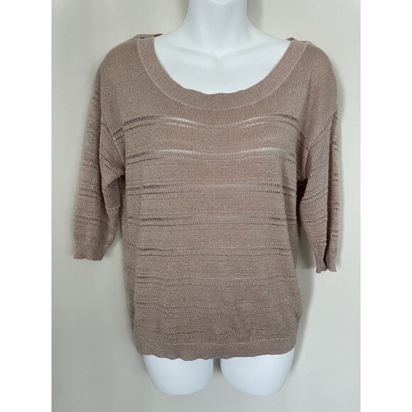 GUESS Vesper High Low Stripe Sweater Pullover Knit Top Metallic Rose Gold XS - Picture 2 of 16